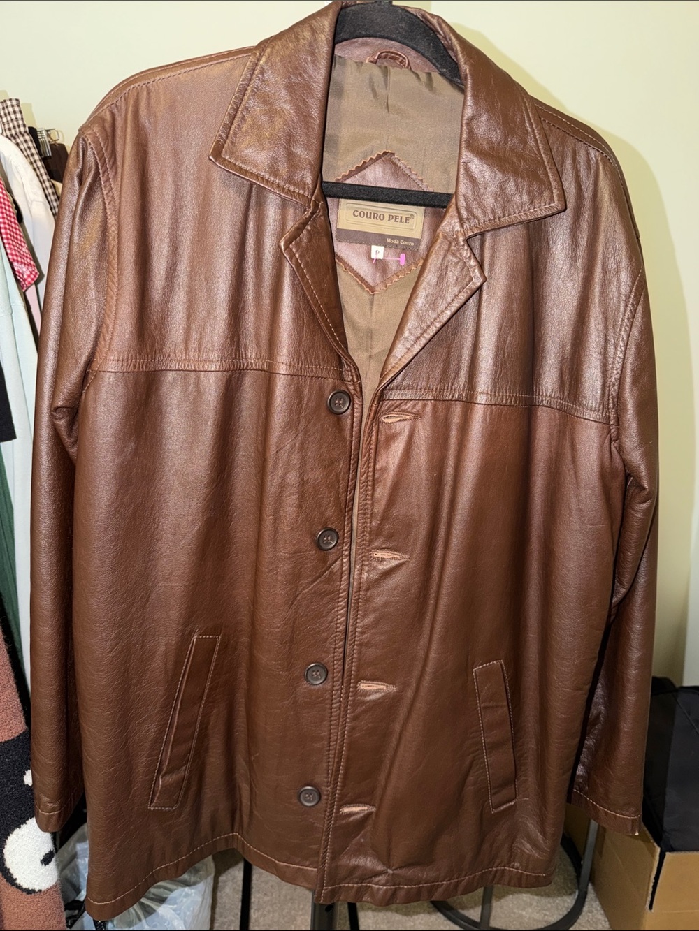 Women’s oversized Brown Leather Jacket - Classic Button-Front Coat